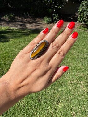 Large Tiger’s Eye Statement Ring Size 7 | 925 Sterling Silver | Boho Western